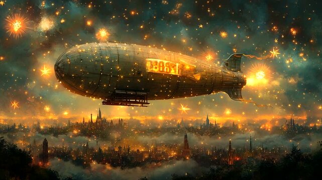 Airship Gliding Through a Starry Night Sky