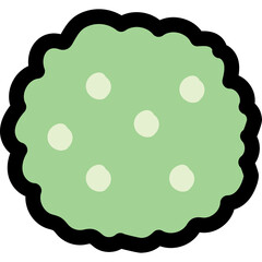 Green Round Fluffy Abstract Shape with Light Green Dots and Thick Black Outline Isolated on White Background