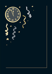 Obraz premium New year midnight clock with gold streamers and stars on dark festive background. Hand drawn vector illustration symbolizing countdown, celebration and party invitation