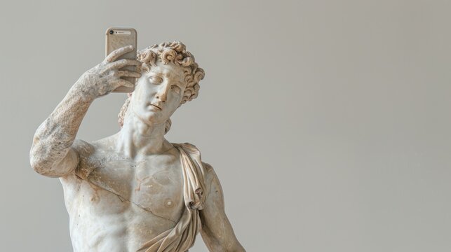 A classical marble statue of a young man taking a selfie with a smartphone. The figure has curly hair and is draped in a flowing garment. - Powered by Adobe