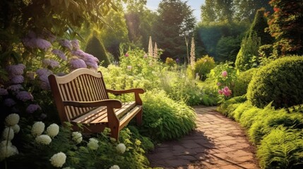 Obraz premium a serene garden path winding through lush greenery, ornamental plants, and a wooden bench inviting rest under the dappled sunlight, tranquil and inviting atmosphere, highly detailed, photorealistic 