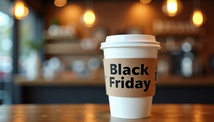 A disposable coffee cup with a brown sleeve labeled 'Black Friday' sits on a wooden table in a cozy café setting with warm lighting.