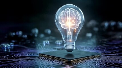 Bright idea concept shows glowing bulb brain sitting on a computer chip symbolizing innovation - Powered by Adobe