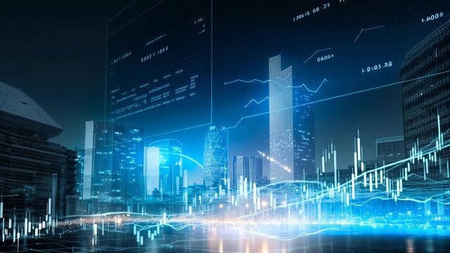 Digital city network glows with streams of data and futuristic analytics across skyscrapers - Powered by Adobe
