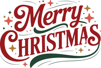 Merry Christmas Hand Lettering Design, Holiday Typography with Stars and Swirls, Red and Green Festive Merry Christmas Text, Vintage Style Christmas Greeting Illustration