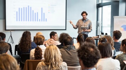 Speaker explains charts to an audience in a modern classroom with projector screen - Powered by Adobe