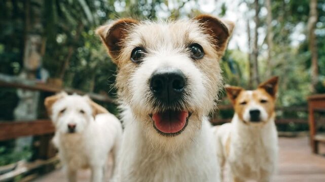 Cheerful dogs look into the camera with garden background and warm sunlight