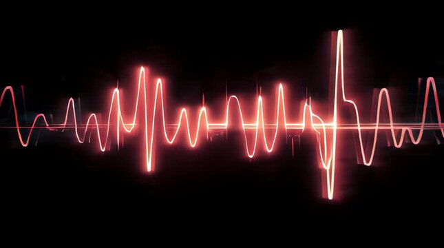 A neon red electrocardiogram readout displays a sudden spike on a black background with a white border at the bottom, suitable for medical themes.