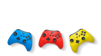 Wireless gaming controllers flying in air isolated on white background, symbolizing gaming technology concept