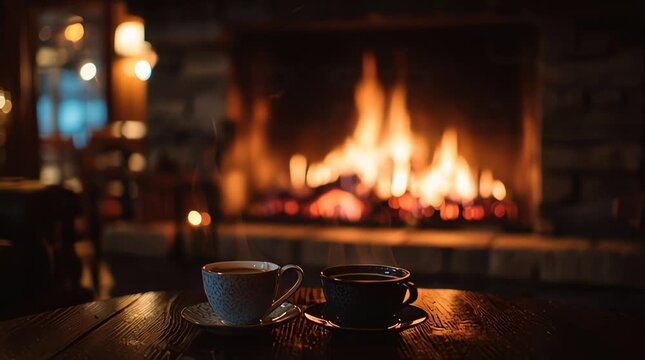Cozy scene of two coffee cups on a wooden table, one white and one black, suitable for a warm atmosphere, with a crackling fireplace in the background.