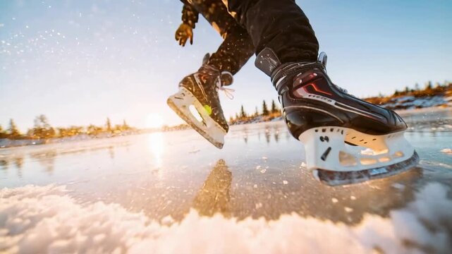 Ice skater carves fast lines across a frozen lake sending sparkling snow into the air