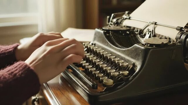 Vintage Typewriter in Use: Writer's Hands at Work