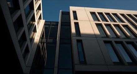 Dynamic modern architectural forms under a clear sky, showcasing a striking interplay of sunlit and shaded geometric facades, creating a captivating urban landscape perspective