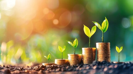 Growing plants on stacked coins symbolizing wealth.