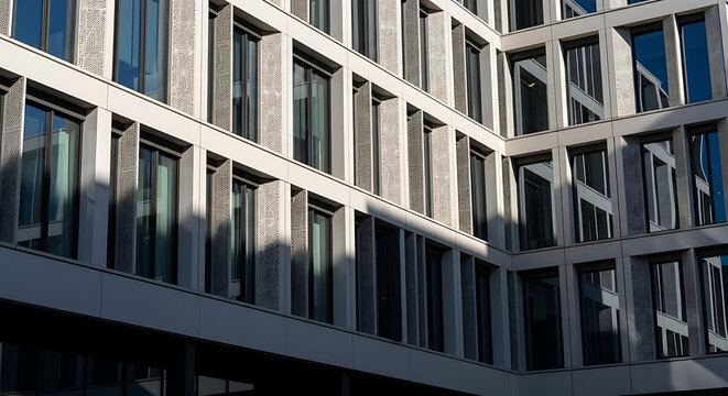 Modern architecture detail with geometric patterns and contrasting shadows, showcasing contemporary building facade design