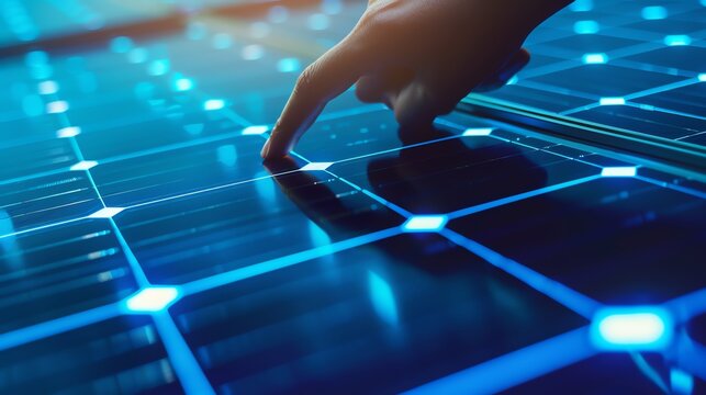 Futuristic hand touching digital grid interface.