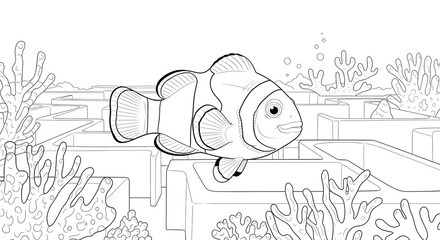 Clownfish Swimming Through a Coral Reef Maze Coloring Page
