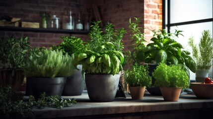 lush indoor plant display, terracotta pots, shelving unit, brick wall backdrop, natural lighting, potted herbs, greenery, cozy interior, urban jungle aesthetic
