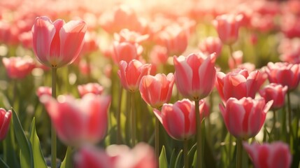 Obraz premium tulips, spring flowers, vibrant colors, lush greenery, nature photography, dreamy lighting, soft focus, floral field, bokeh background, serene landscape 