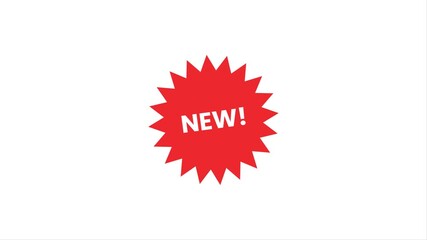 New badge loop animation. Animated red burst badge with the word new on white background for promotional or sale branding. 