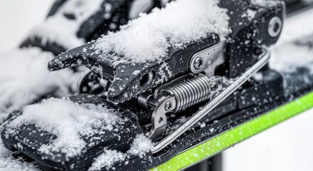 Macro of ski binding mechanism packed with fresh snow showing springs and metal components technical winter gear 