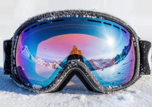 Frosted ski goggles resting in fresh snow reflecting alpine sky and mountains close up winter sports equipment 