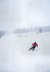 Heavy snowfall whiteout conditions at alpine ski resort abstract atmospheric winter weather minimal visibility