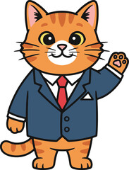 A friendly, orange tabby cat cartoon character wearing a navy blue business suit and red tie, standing and waving with a raised paw, illustrated in a cute flat vector style.