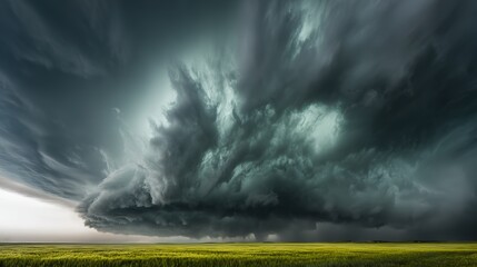 Storm clouds, dramatic and swirling, over a vast green field, wide - angle view