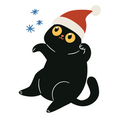Cute black cat wearing a Santa Claus hat with snowflakes. Flat vector illustration in a simple children's style. . Vector illustration