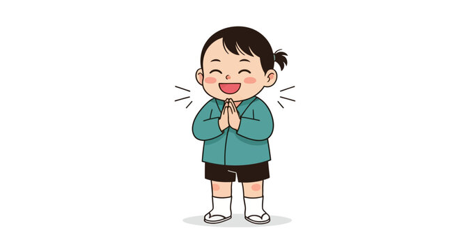 Cartoon illustration of a happy child with hands clasped in a gesture of greeting or gratitude.
