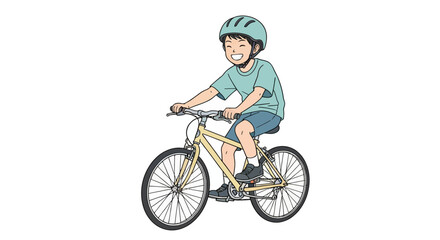 Obraz premium Illustration of a boy riding a bicycle with a helmet on a white background.