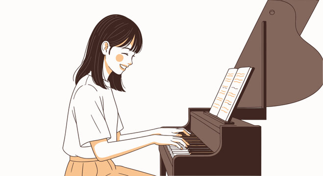 A happy young woman with short dark hair smiling while playing a dark brown piano with sheet music.