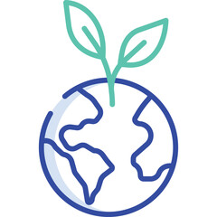 Green sprout growing from planet earth symbolizing environmental growth and eco friendly development with blue and green colors and clean lines on a transparent background