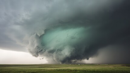 Storm clouds, massive and teal - hued, over a green prairie, wide - angle view