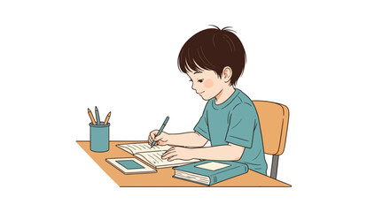A young boy diligently studying and writing at his desk with a pen, notebook, and tablet.