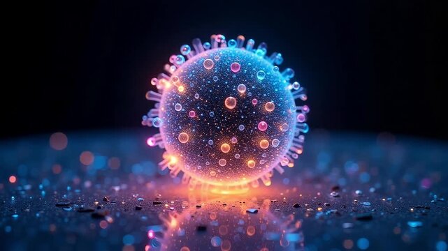 Glowing virus particle under a microscope reveals intricate details in a dynamic, scientific video, ideal for medical research and educational presentations
