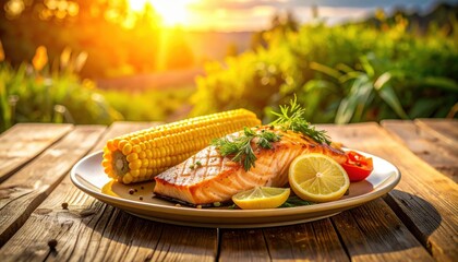 Grilled salmon fillet with corn and lemon on outdoor table at sunset