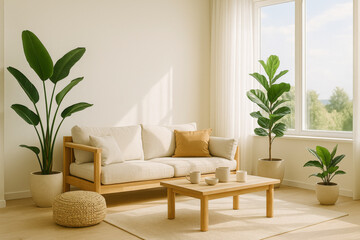 Bright Natural Living Room with Wooden Furniture and Indoor Plants.