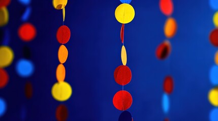 Colorful paper garland, vibrant and hanging, against a blue background, close - up view, copy space
