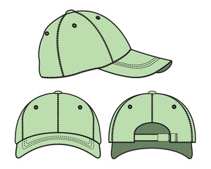 Baseball caps technical illustration vector mockup template.