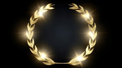 Golden laurel wreath, glowing with sparkles, against a dark background, circular frame, copy space