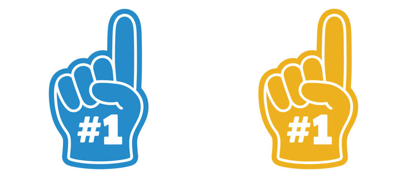 Number one foam fingers in blue and yellow, isolated vector illustration on white background, sports fan cheering hand accessory, stadium support, and team spirit symbol