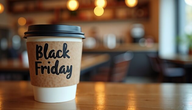 A coffee cup with a black lid and a brown sleeve, labeled 'Black Friday', sits on a wooden table in a cozy café with warm lighting.