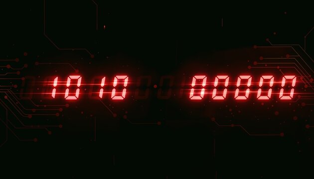 Digital clock display showing time in red LED format. The numbers indicate 10:10 and 00:00. Background features a circuit board design.