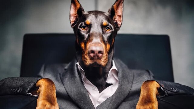 Doberman in a suit sits like a boss in a leather chair with dramatic lighting turning canine charisma into a humorous corporate portrait that mixes loyalty confidence and a playful executive
