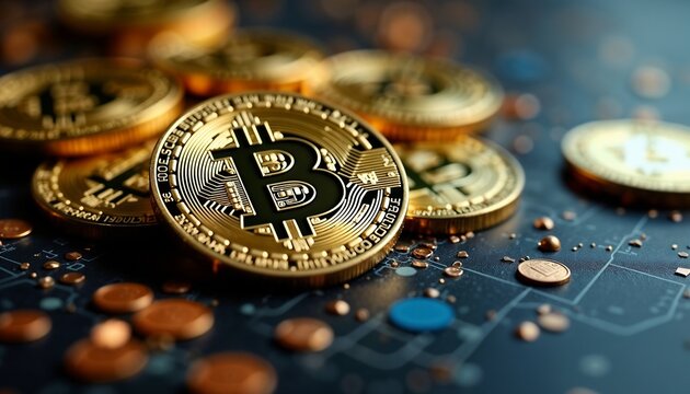 Close-up of shiny Bitcoin coins on a dark surface with scattered coins. Represents cryptocurrency and digital finance concepts.