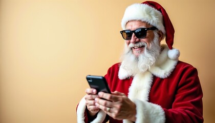 Senior Caucasian man with a white beard wearing sunglasses and a Santa costume, smiling while using a smartphone against a plain background.
