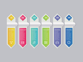 Design template for vector infographic labels with icons and 6 options or steps. Suitable for process diagrams, presentations, workflow layouts, banners, flow charts, and infographics.