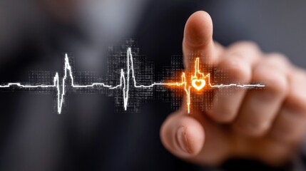 A finger touches a digital display showing a heart pulse, representing health and technology.